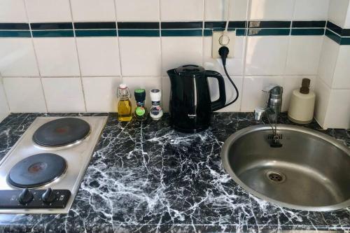 a kitchen counter top with a sink and a sink at Seaside Tiny House only 300 meters from the beach in Noordwijk