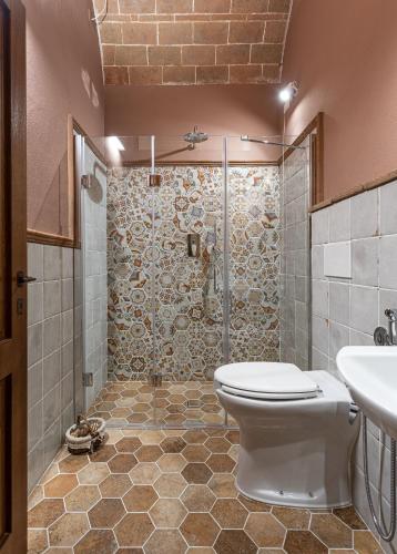 a bathroom with a shower with a toilet and a sink at Fattoria Fibbiano in Terricciola