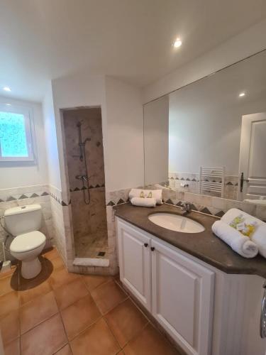 une salle de bain avec un lavabo, des toilettes et un miroir dans l'établissement VILLA AVEC APERCU MER ET PISCINE PRIVEE, à Sainte-Maxime