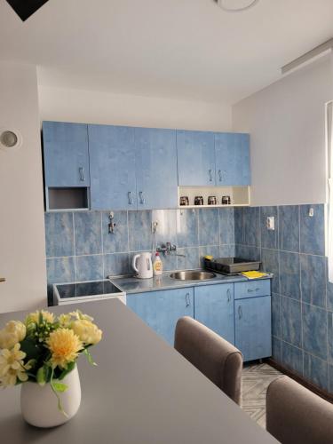 una cocina con armarios azules y una mesa con un jarrón de flores en Green Garden Premium en Surčin