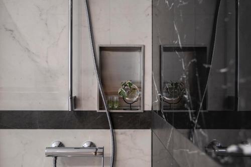 a bathroom with a shower with two plants on a shelf at Trastevere 143 in Rome