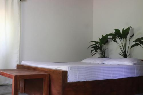 a bed in a room with a plant at Yellow Tree Thudugala in Kalutara