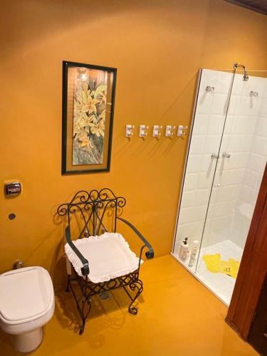 a bathroom with a toilet and a shower at Casa Campos do Jordão, bairro Capivari, Wi-Fi, churrasqueira e forno de pizza, totalmente equipada in Campos do Jordão