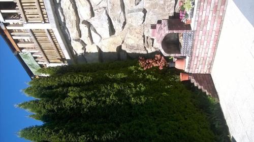 an overhead view of a garden next to a stone wall at Haus Franziska in Kappl