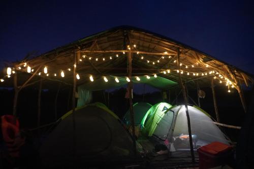 ein Zelt mit Licht im Dunkeln in der Unterkunft Mechrey Tonle Camp Site in Siem Reap