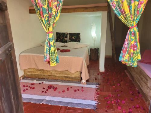 um quarto com uma cama com pétalas de flores no chão em Pousada Suçuarana em Itabirito