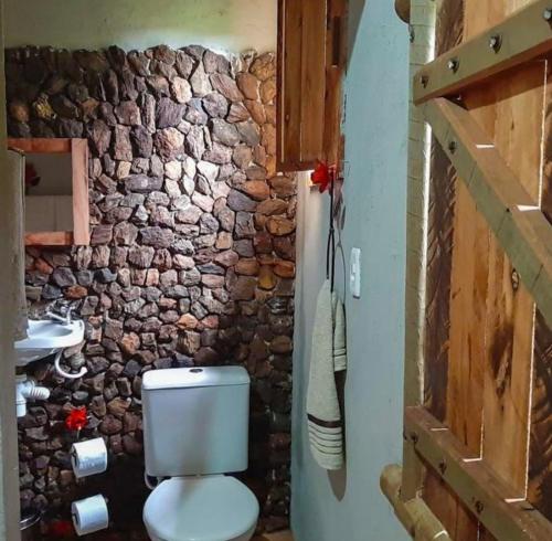 a bathroom with a toilet and a stone wall at Pousada Suçuarana in Itabirito