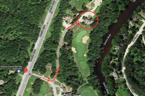 a map of a park with a red circle at Cozy Chalet on the 9th Hole La Bête Pool Golf in Mont-Tremblant
