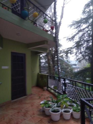 a balcony of a house with potted plants on it at Bhawani Kutir Villa Nainital in Nainital