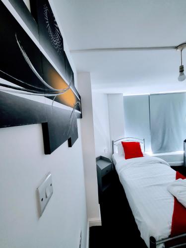 a room with a bed with a red pillow at Berridge Solo Stays - NG7 in Nottingham