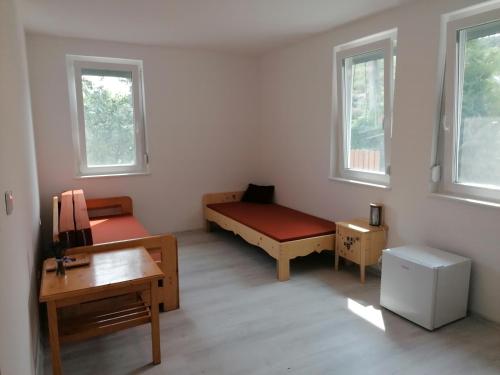 a room with two beds and a desk and two windows at Borács Winedégház in Bogács