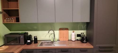 a kitchen counter with a sink and a microwave at La cascina della vigna del viandante in Abbadia Lariana