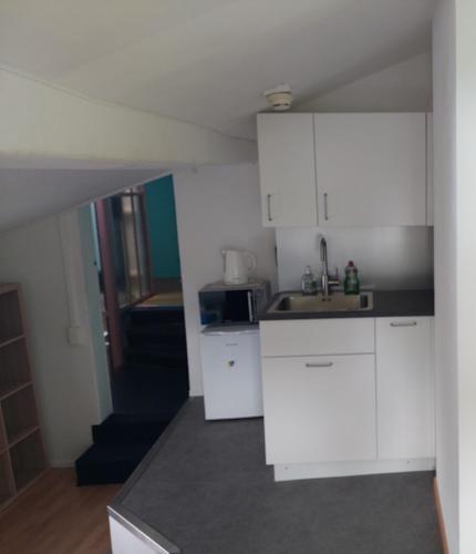a small kitchen with white cabinets and a sink at Oldtown Hostel Otter in Zürich