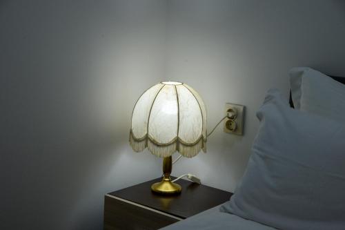 a lamp on a night stand next to a bed at Apartman Centar in Sremski Karlovci