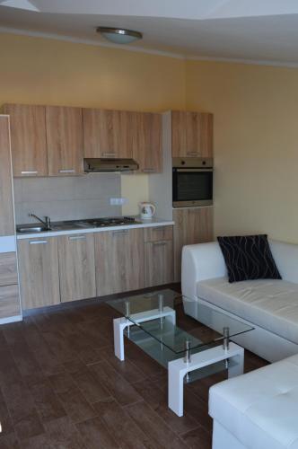 een woonkamer met een bank en een keuken bij APARTMANI SABB in Jezera