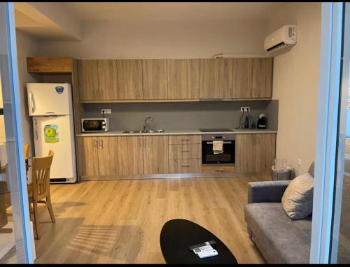 eine Küche mit Holzschränken, einem Sofa und einem Kühlschrank in der Unterkunft Damko Home in Athen