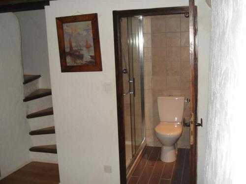 a bathroom with a toilet and a glass shower at Chambres d'hotes - La Maison de Julie in Entrevaux