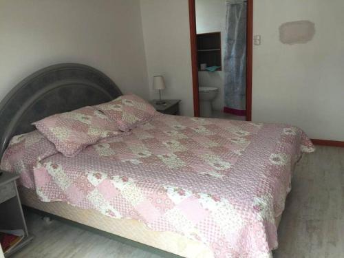 a bedroom with a bed with a pink comforter at Casa de dos pisos a pasos de la playa in Bahia Inglesa