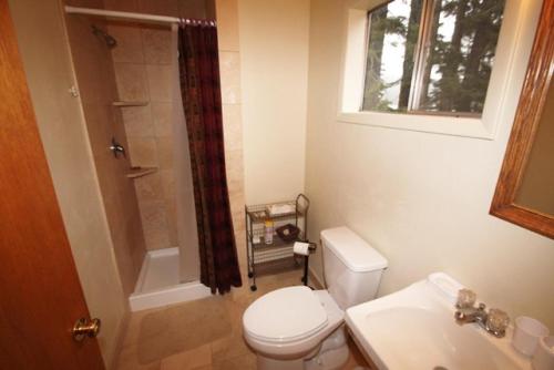 a bathroom with a toilet and a sink and a shower at 3 bedroom, 2 bath, sleeps 6 Donner Lakefront with private dock DLR#071 in Truckee