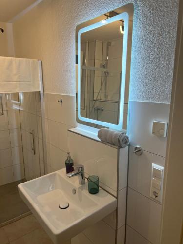 La salle de bains est pourvue d'un lavabo et d'un miroir. dans l'établissement City Suite Gablenberg, à Stuttgart