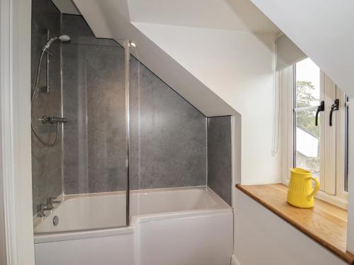 a bathroom with a bath tub with a shower at Rhos Las in Derwen