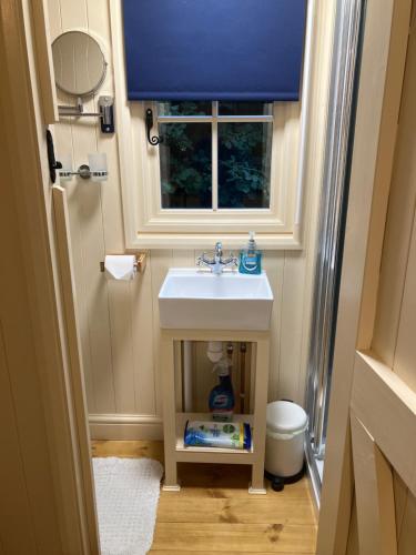 a small bathroom with a sink and a window at annes hatch hut 