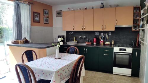 een keuken met groene kasten en een tafel met een vaas erop bij Apartmán Úlehla in Zlín