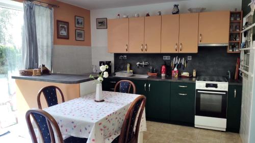 kuchnia z zielonymi szafkami i stołem z wazonem w obiekcie Apartmán Úlehla w Zlinie