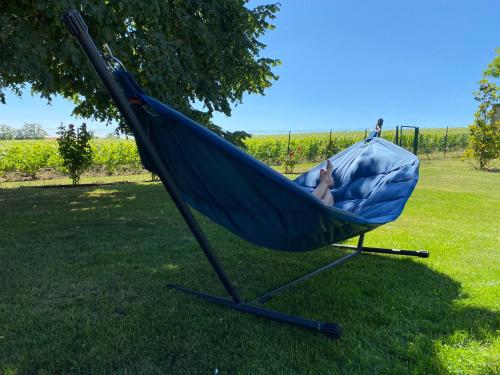 a person laying in a hammock in a field at Best view, pool and spa on the Champagne vineyard in Saint-Thierry