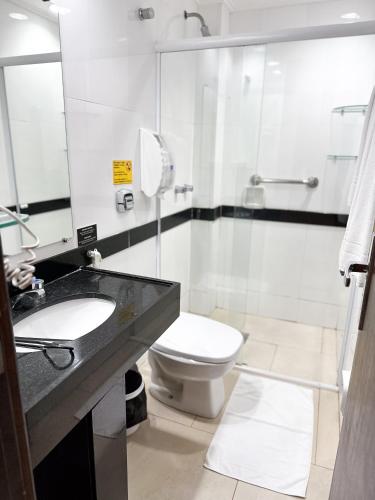 a bathroom with a toilet and a sink and a shower at San Rafael Comfort Class Hotel in Foz do Iguaçu