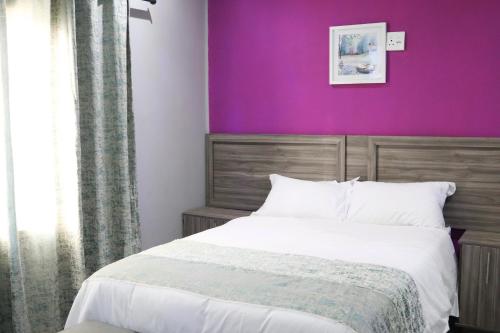 波羅克瓦尼的住宿－De Ellas Boutique Lodge，一间卧室配有一张大床和紫色墙壁