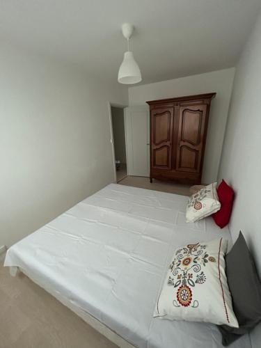 een slaapkamer met een groot wit bed met 2 kussens bij Appartement lumineux et spacieux centre de Tours in Tours