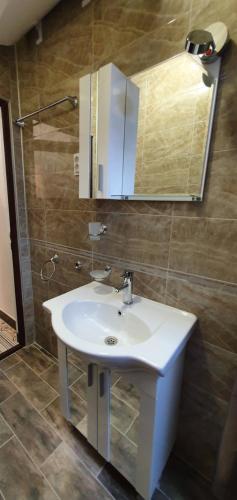 韋林格勒的住宿－АПАРТАМЕНТ ЮЛИЯ ДЕЛУКС I，浴室设有白色水槽和镜子