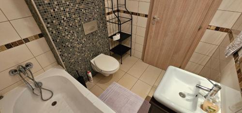 a bathroom with a tub and a toilet and a sink at Homey 2 Cosmopolis in Ştefăneştii de Jos