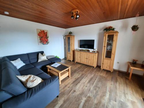 a living room with a blue couch and a tv at Holiday Home in Neureichenau near Bavarian Forest in Neureichenau