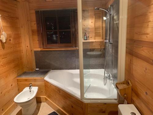 a bathroom with a tub and a toilet and a shower at Superbe CHALET (14 personnes) & SAUNA au pied du Mont Blanc in Les Contamines-Montjoie