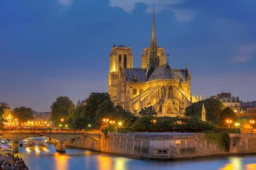 a view of a cathedral at night with a bridge at Cosy Appart Centre de Paris in Paris