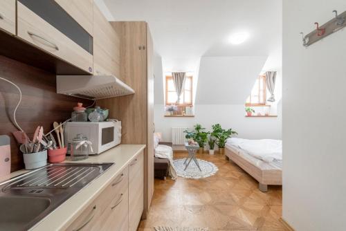 a kitchen with a sink and a microwave at Beethoven Apartment in Bratislava