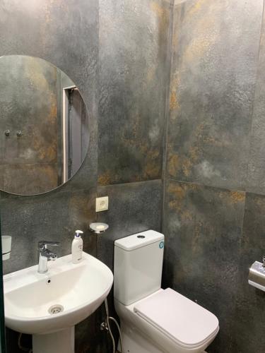 a bathroom with a toilet and a sink and a mirror at DendroBak GuestHouse in Stepʼanavan