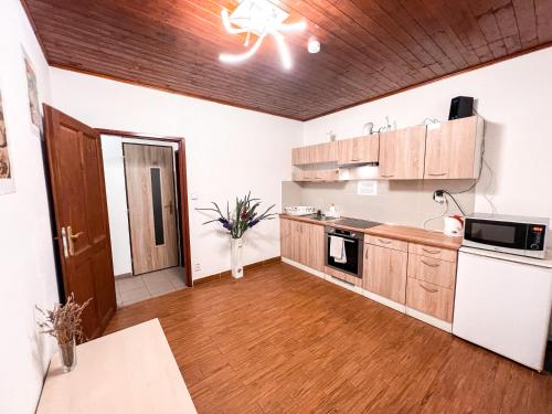 a kitchen with wooden cabinets and a wooden floor at 3 Apartments in 1 location in Prague