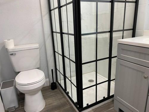 a bathroom with a toilet and a shower and a sink at Betterplace 2-Bedooms Walk to Armature Works and Downtown Tampa in Tampa