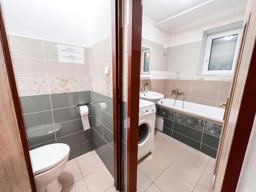a bathroom with a toilet sink and a washing machine at 3 Apartments in 1 location in Prague