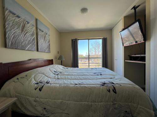 een slaapkamer met een groot bed en een raam bij Departamento Holiday Park Reñaca 306 Familiar in Viña del Mar