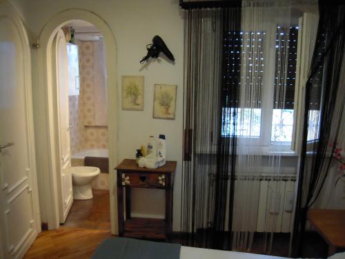 y baño con aseo y cortina de ducha. en Cassia Home, en Roma