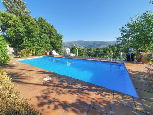 a large swimming pool in a yard with trees at Quintinha das Laranjeiras in Santa Cruz do Douro