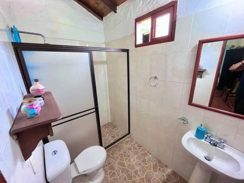 a bathroom with a shower and a toilet and a sink at Cabaña amplia con piscina, naturaleza y cercana in Los Santos