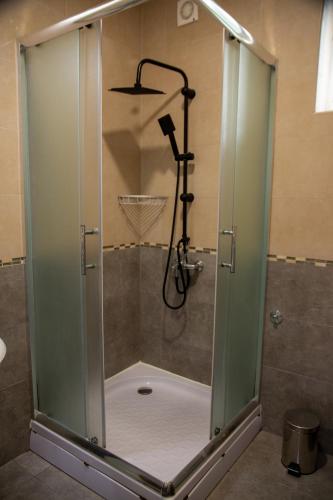 a shower with a glass door in a bathroom at Apartman Centar in Sremski Karlovci