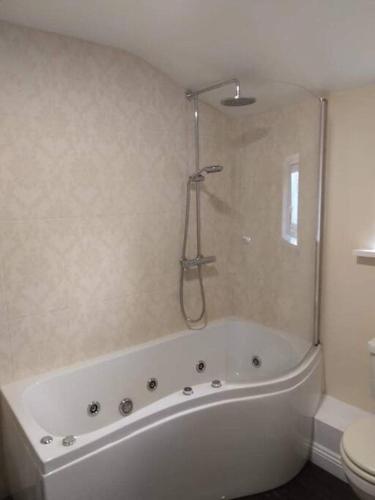 a bath tub in a bathroom with a shower at The Barn in Saltash