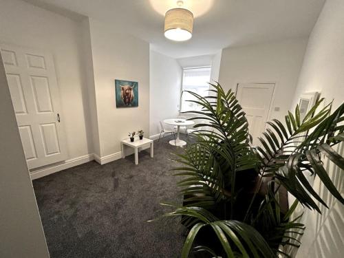 una stanza con una pianta in vaso e una porta bianca di Bright Home From Home a Stoke on Trent