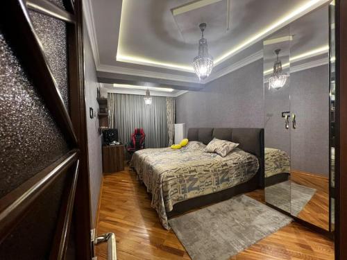 Schlafzimmer mit einem Bett und einem Spiegel in der Unterkunft Park Azure 463 in Baku